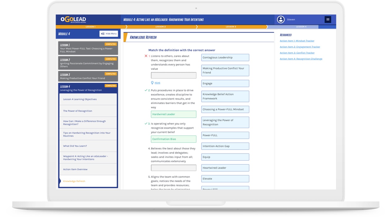 Matching Exercise on oGoLead Learning Platform